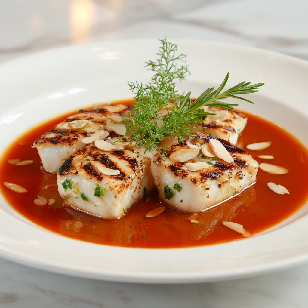 Spanish Grilled Cod with Almond Romesco Sauce Recipe - Recipe Image