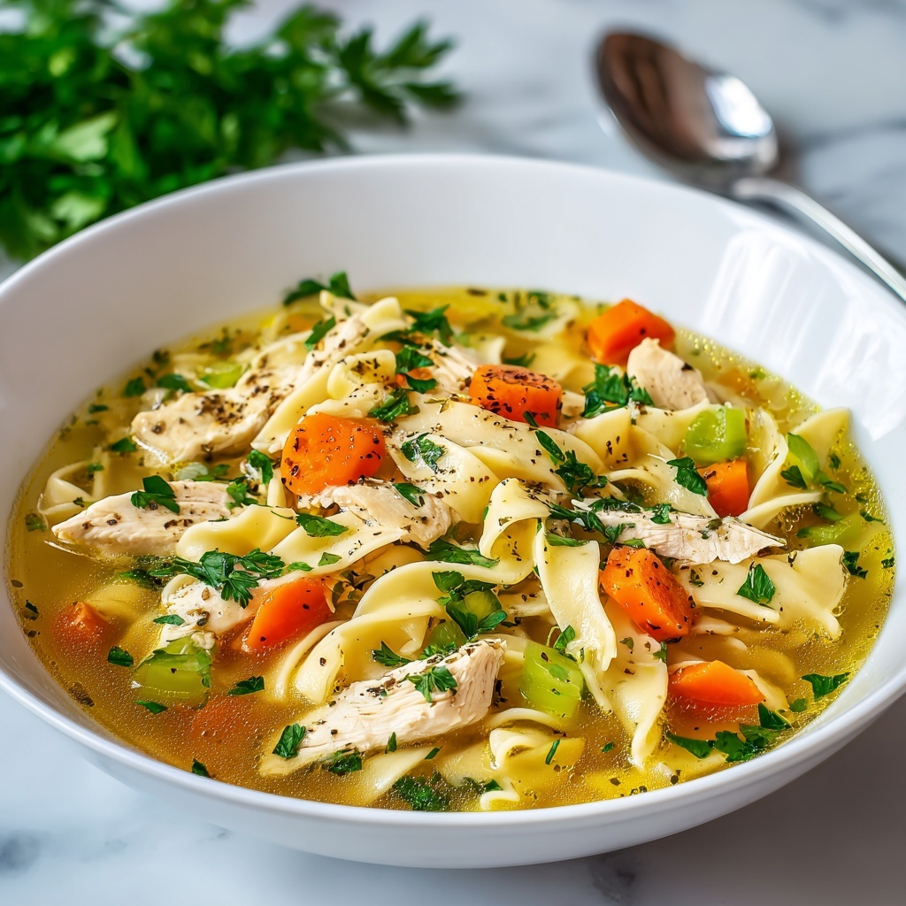 Creamy Chicken Noodle Soup with Fresh Vegetables and Herbs Recipe - Recipe Image