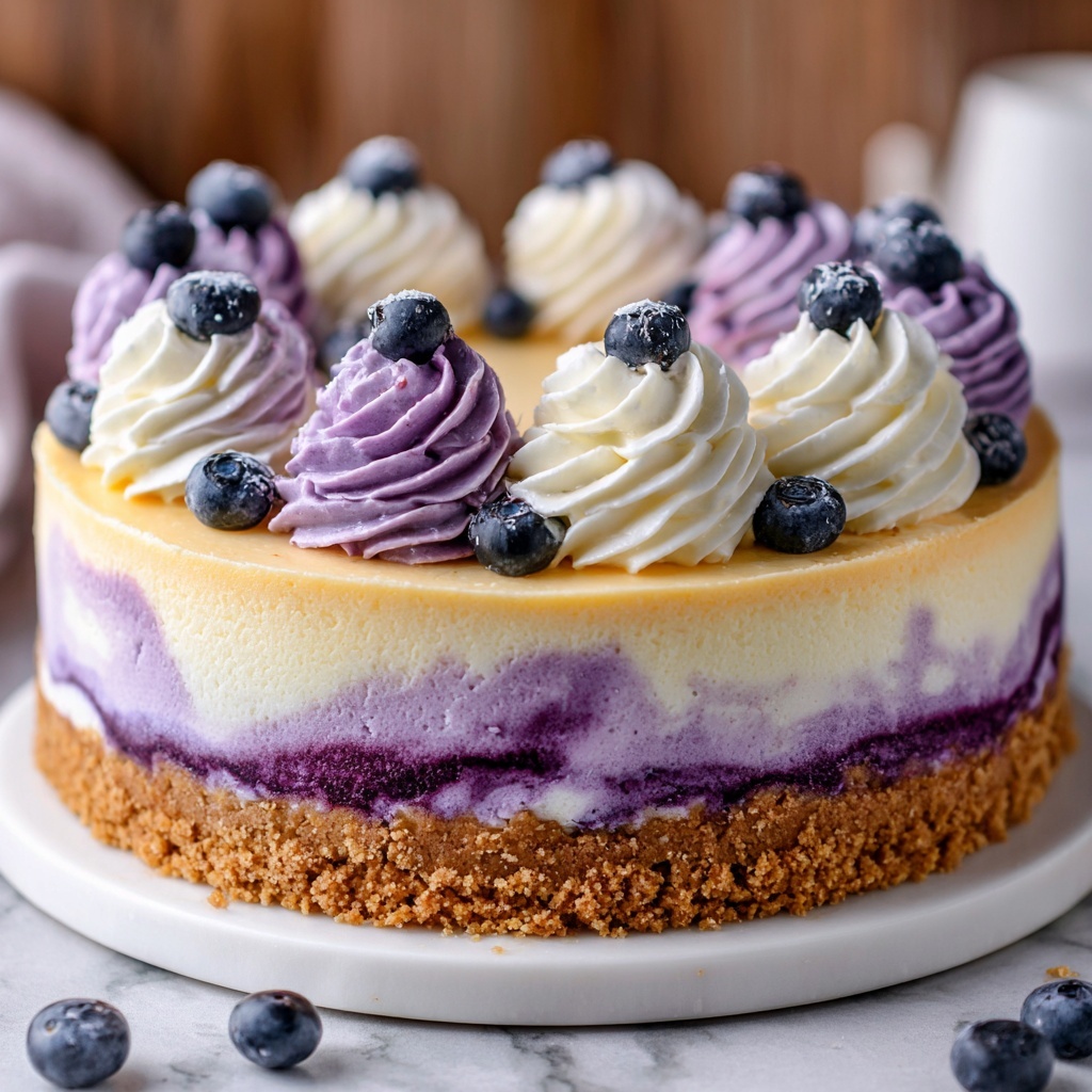 Elegant White Chocolate Blueberry Swirl Cheesecake Recipe - Recipe Image