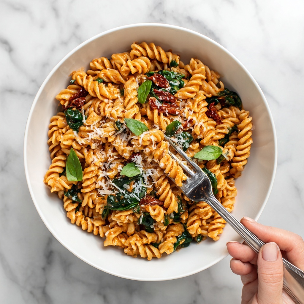 Penne Pasta with Spinach and Roasted Red Pepper Cream Sauce Recipe - Recipe Image