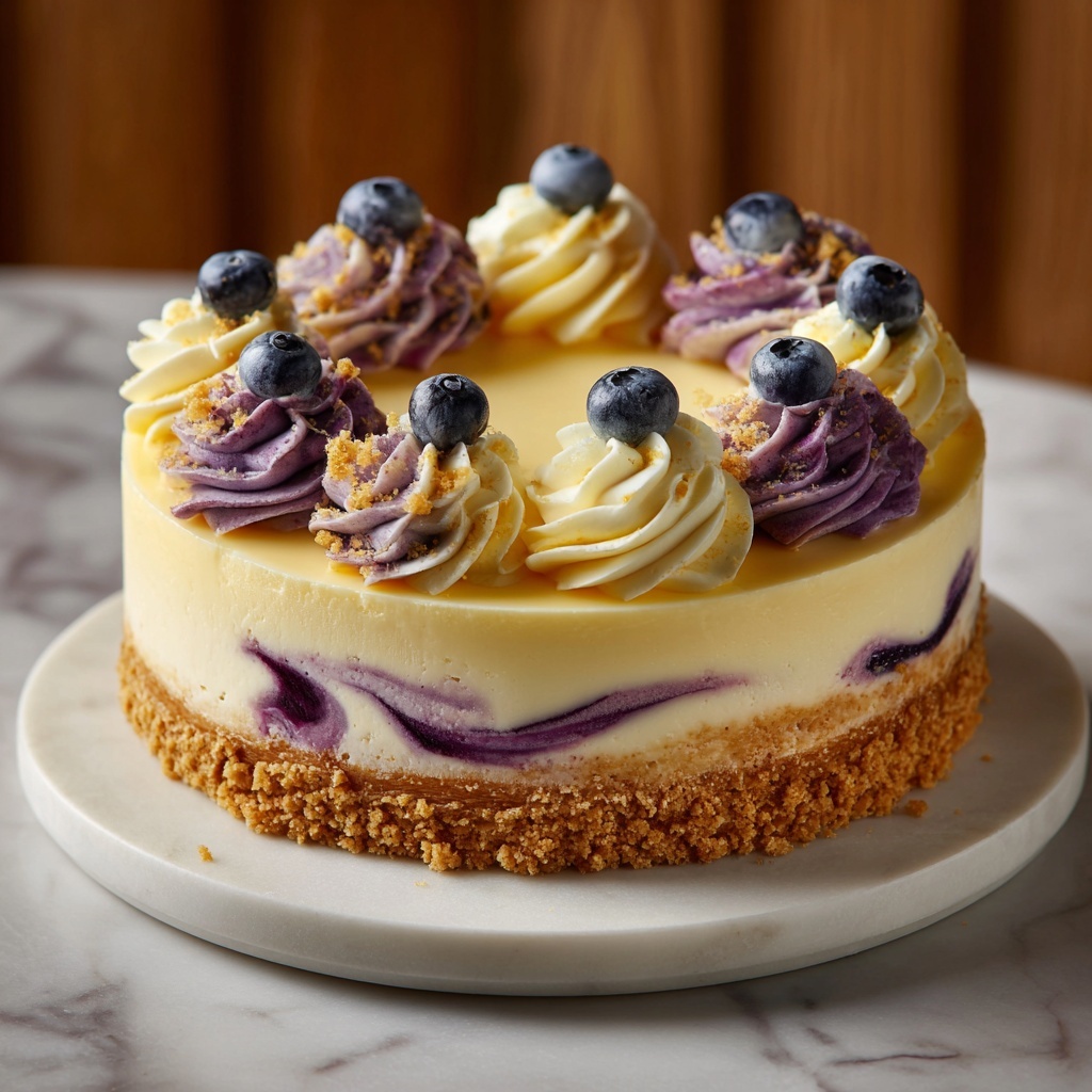 Elegant White Chocolate Blueberry Swirl Cheesecake Recipe - Recipe Image