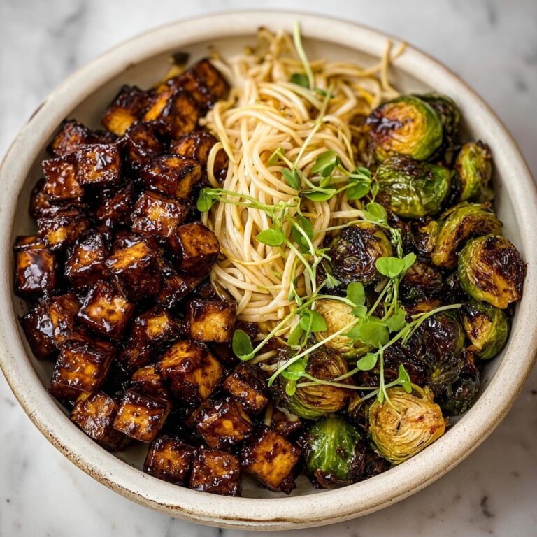 Pan-Fried Sticky Garlic Tofu with Oven-Roasted Brussels Sprouts Recipe