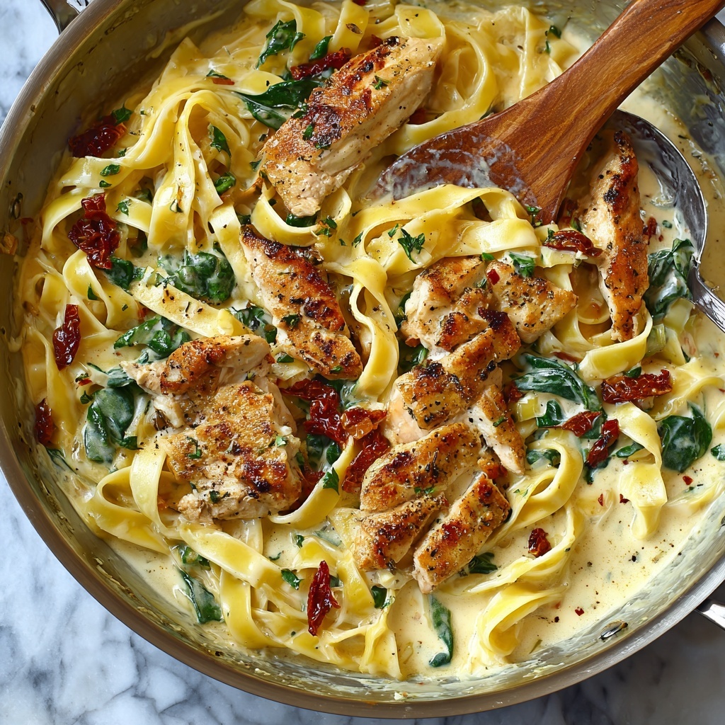 Creamy Chicken Pasta with Spinach and Sun-Dried Tomatoes Recipe - Recipe Image