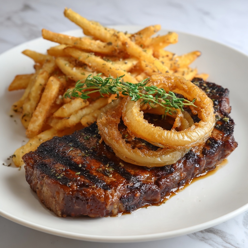 Ribeye Steak with French Onions and French Fries Recipe - Recipe Image