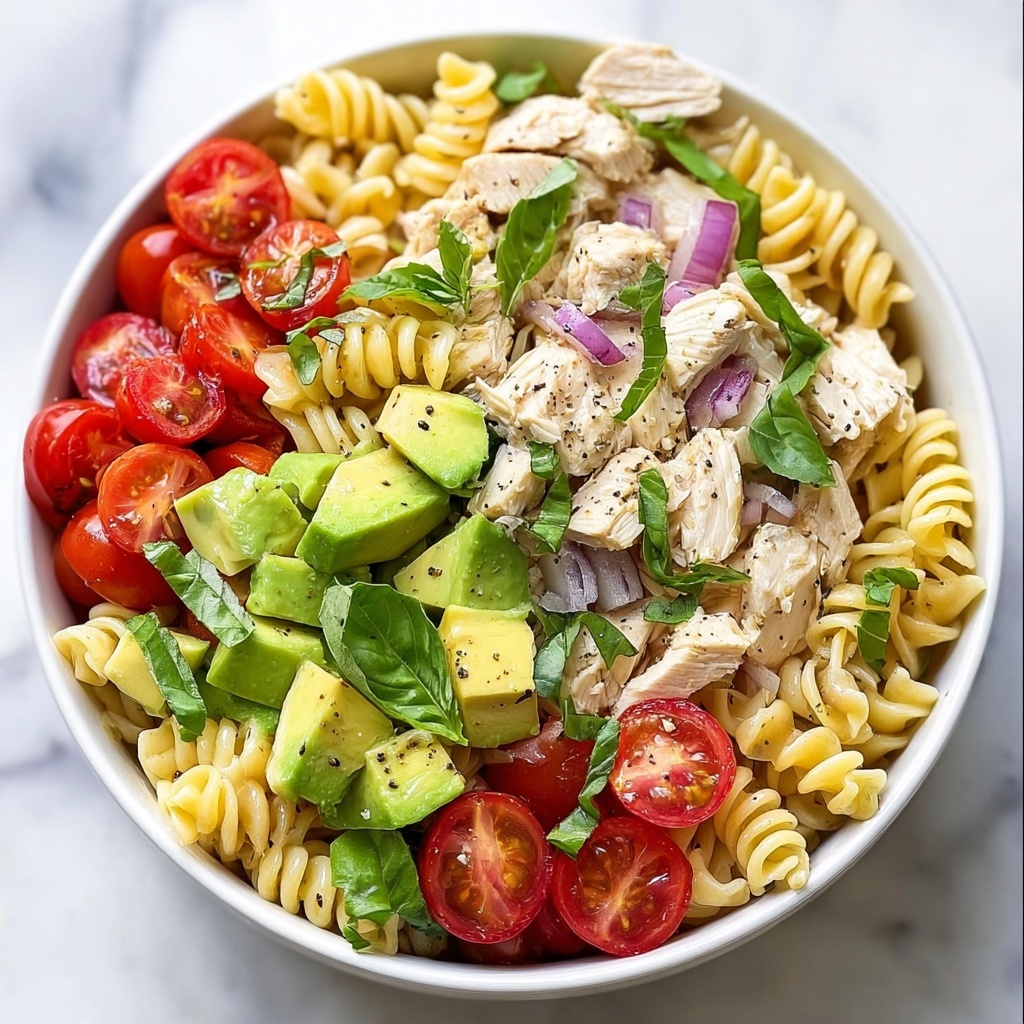 Healthy Chicken Pasta Salad with Avocado and Cherry Tomatoes Recipe - Recipe Image