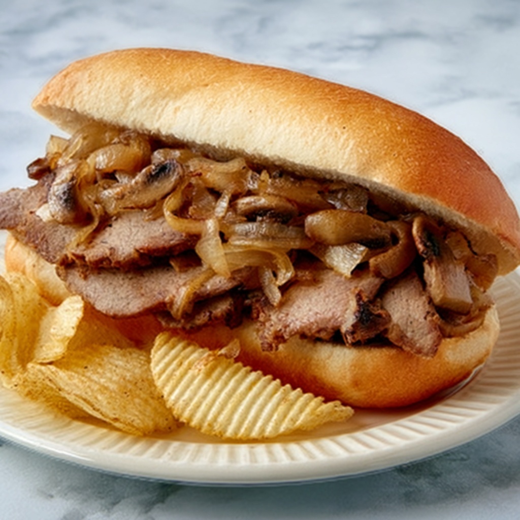 French Onion Steak Sandwich with Grilled Mushrooms Recipe - Recipe Image