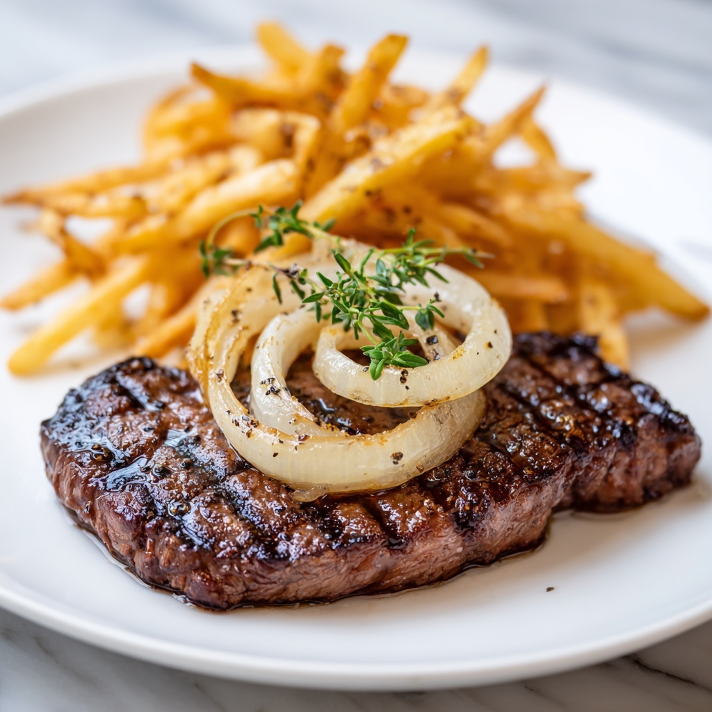 Ribeye Steak with French Onions and French Fries Recipe - Recipe Image