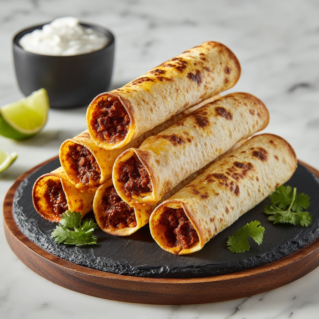 Bean & Cheese Taquitos with Green Chile Sour Cream Sauce Recipe - Recipe Image