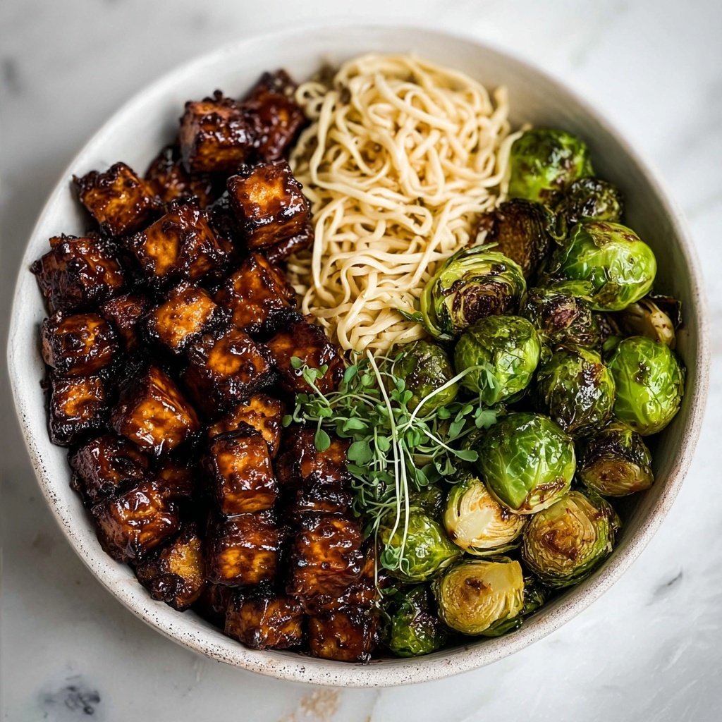 Pan-Fried Sticky Garlic Tofu with Oven-Roasted Brussels Sprouts Recipe - Recipe Image