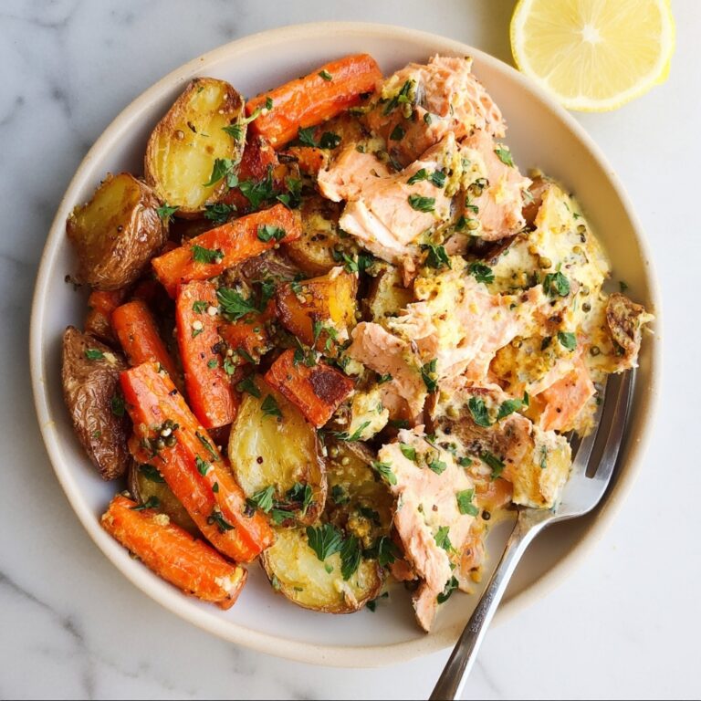 Honey Mustard Salmon Bites with Roasted Potatoes and Carrots Recipe