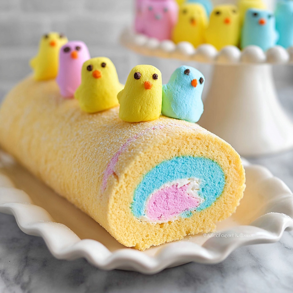 Easter Cake Roll with Colorful Buttercream and Peeps Recipe - Recipe Image