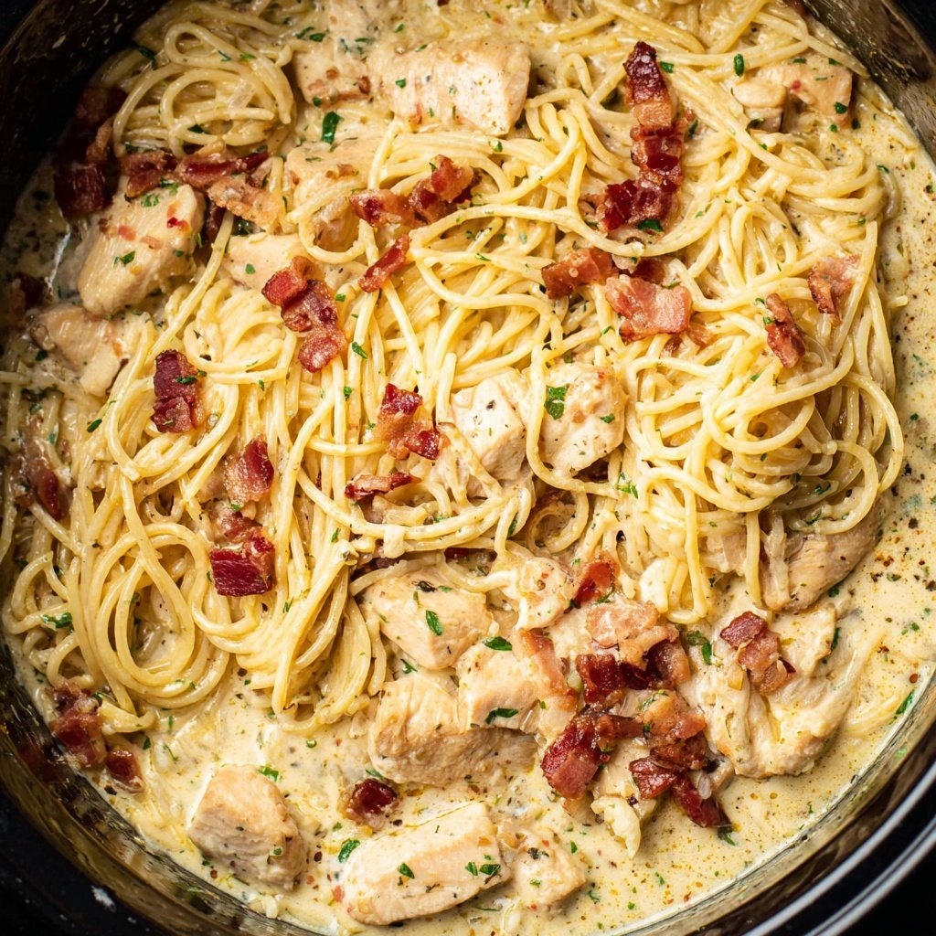Slow Cooker Chicken Spaghetti with Garlic Parmesan and Bacon Recipe - Recipe Image