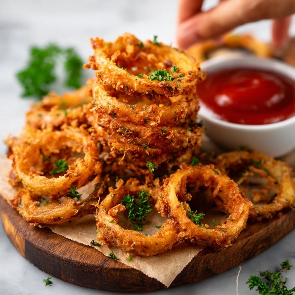 Crispy Onion Rings Drizzled with Spicy Mayo Recipe - Recipe Image