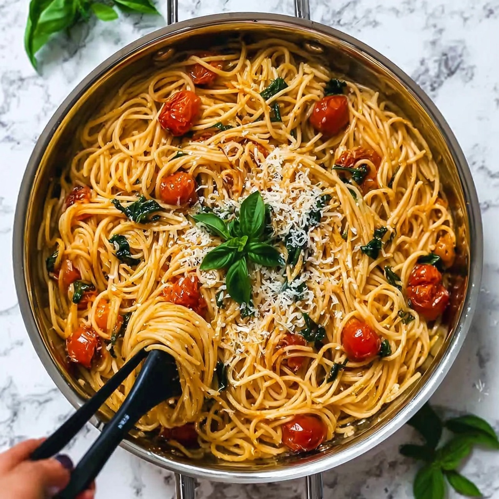 One Pan Pasta with Cherry Tomatoes, Spinach, and Parmesan Recipe - Recipe Image