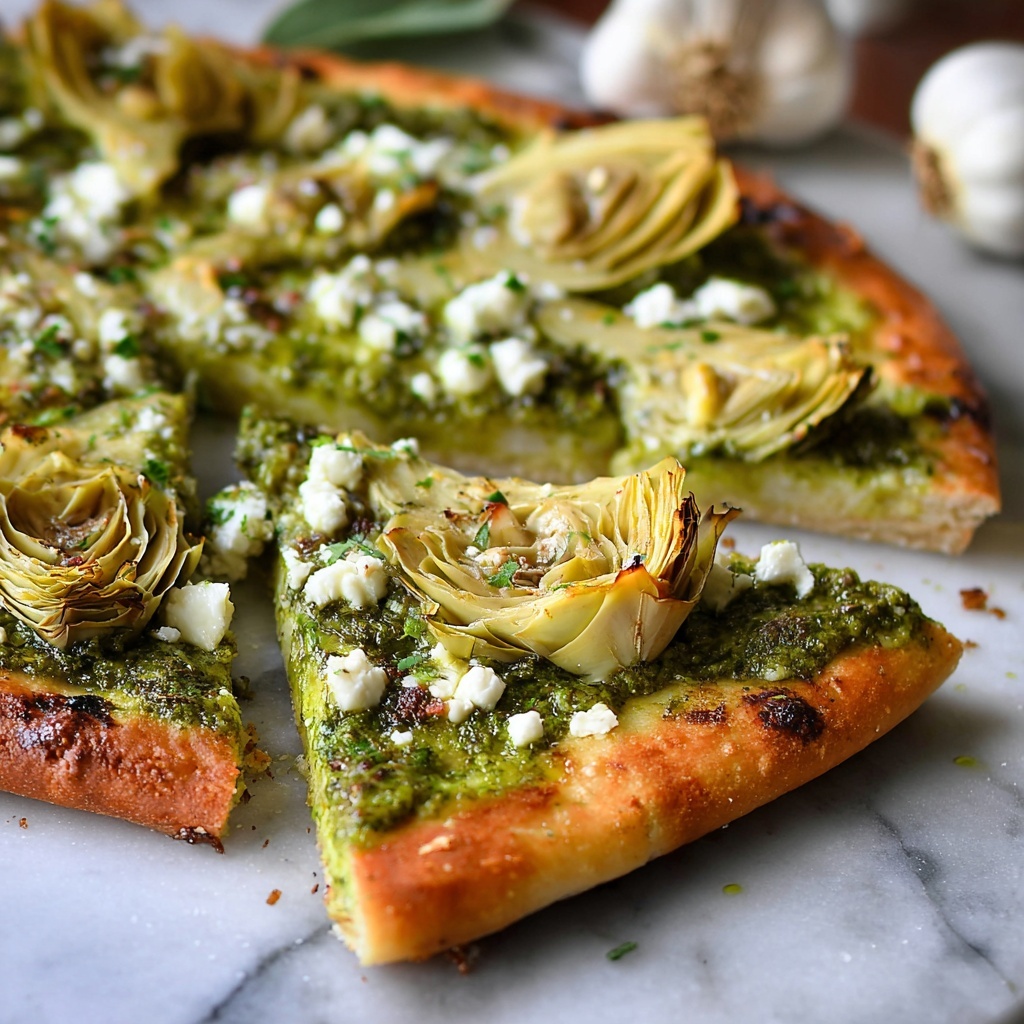 Green Pizza with Pesto, Feta & Artichokes Recipe - Recipe Image