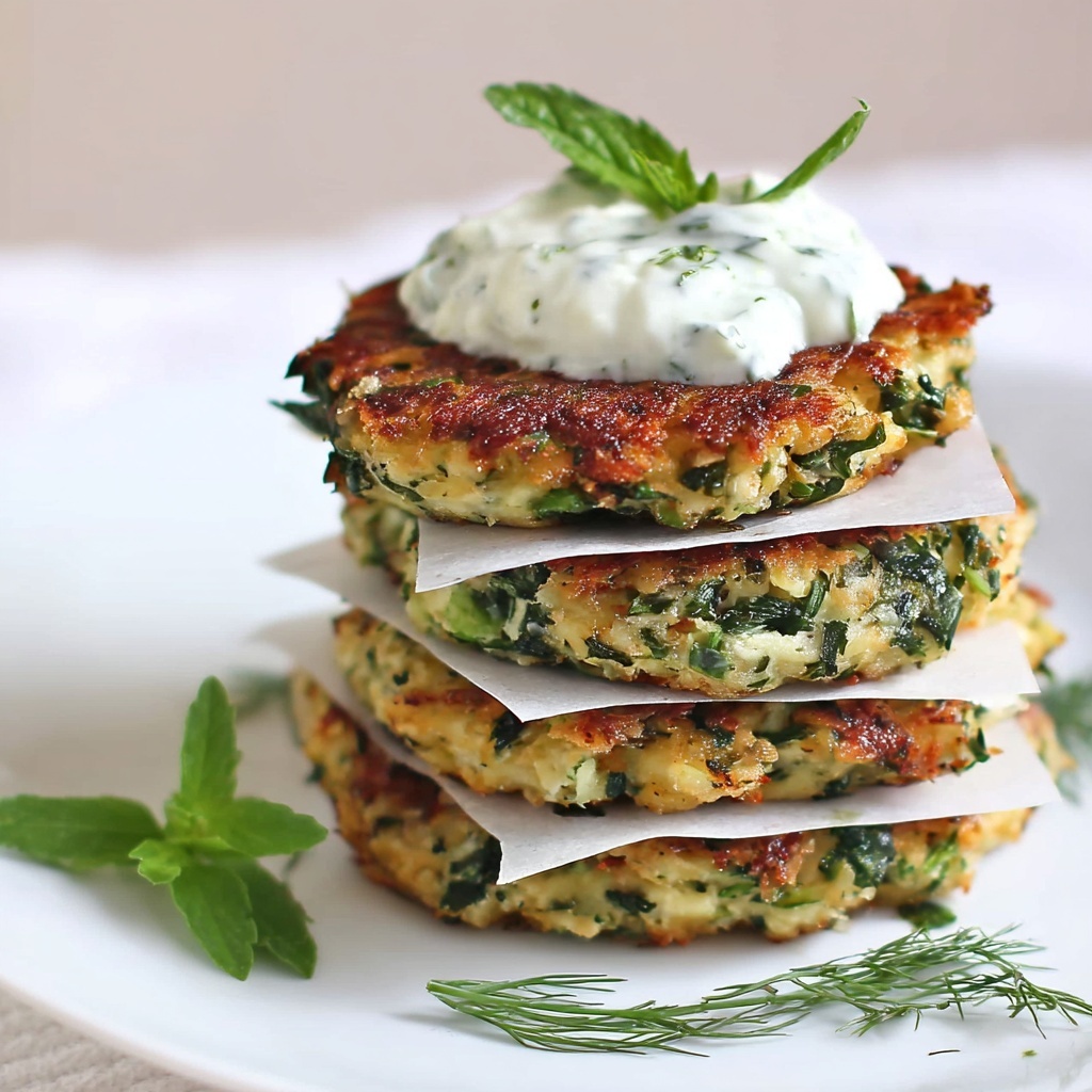 Zucchini, Feta, and Spinach Fritters with Garlic Tzatziki Recipe - Recipe Image
