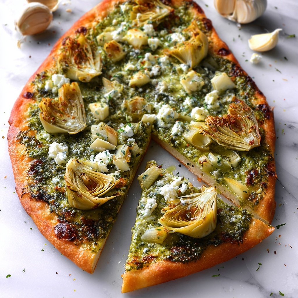 Green Pizza with Pesto, Feta & Artichokes Recipe - Recipe Image
