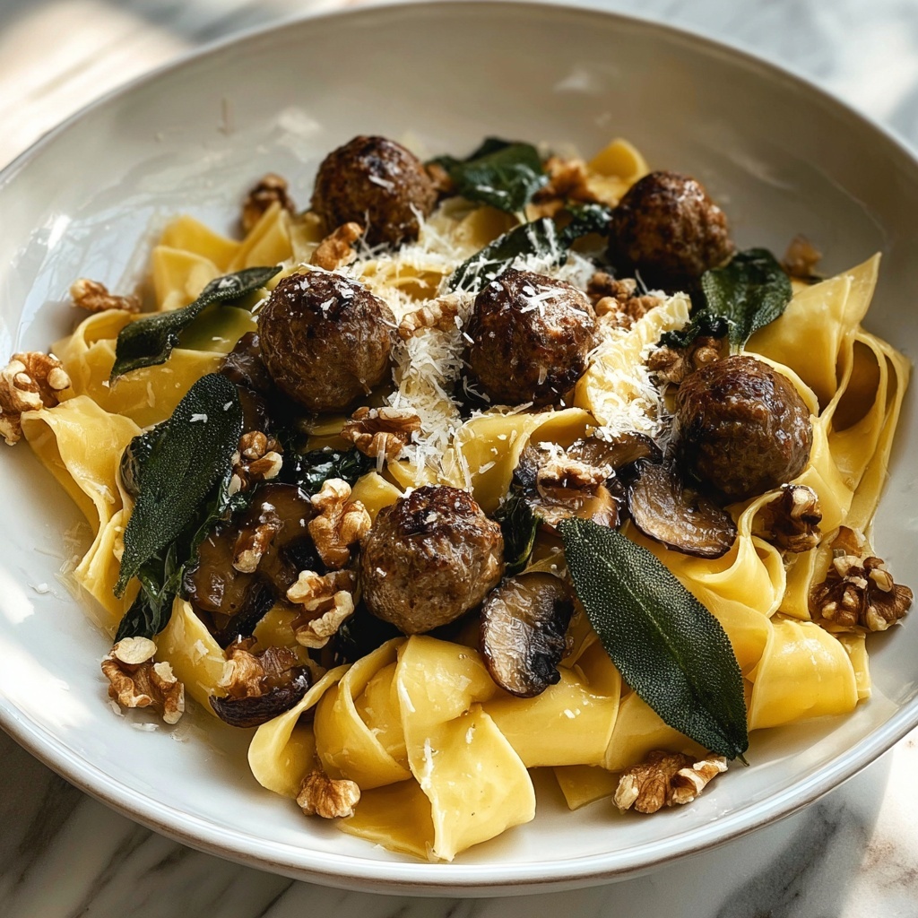 Winter Pasta with Mushrooms, Sausage Meatballs, Walnuts & Crispy Sage Recipe - Recipe Image