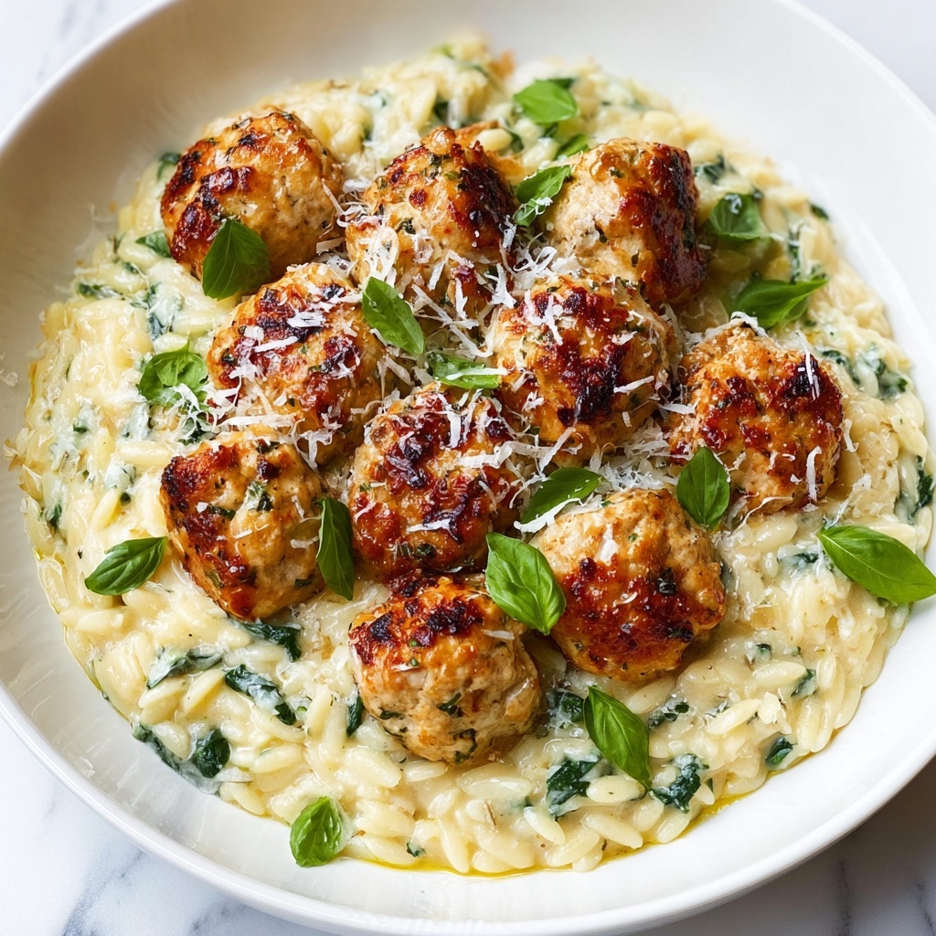 Baked Chicken Ricotta Meatballs with Creamy Spinach Orzo Recipe - Recipe Image