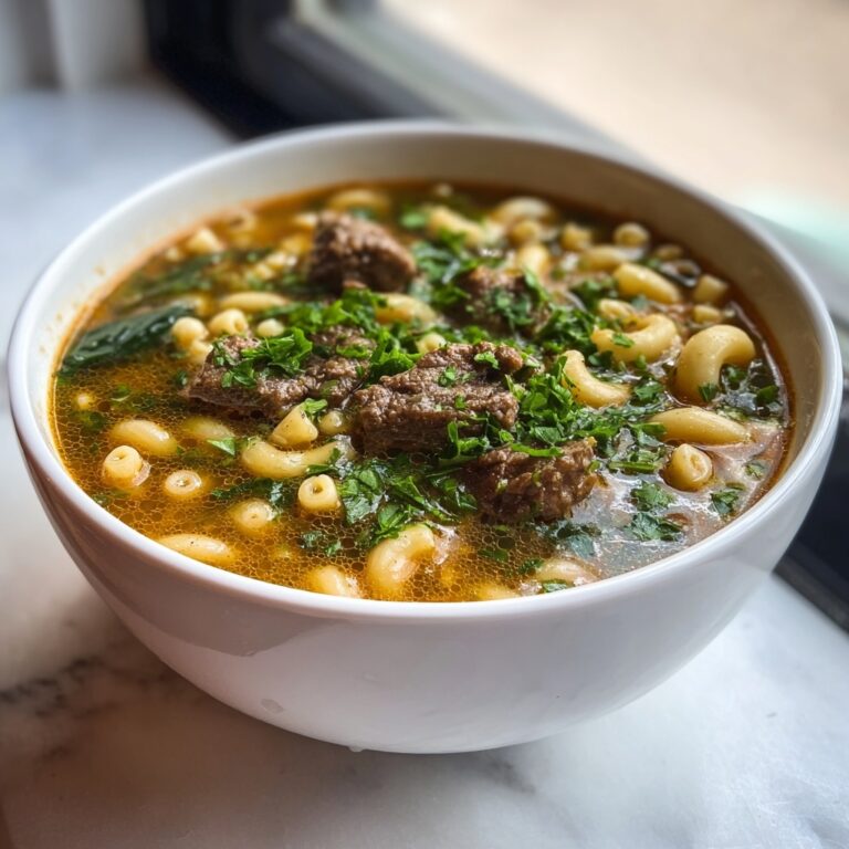 Hearty Beef Macaroni Soup with White Beans & Spinach Recipe