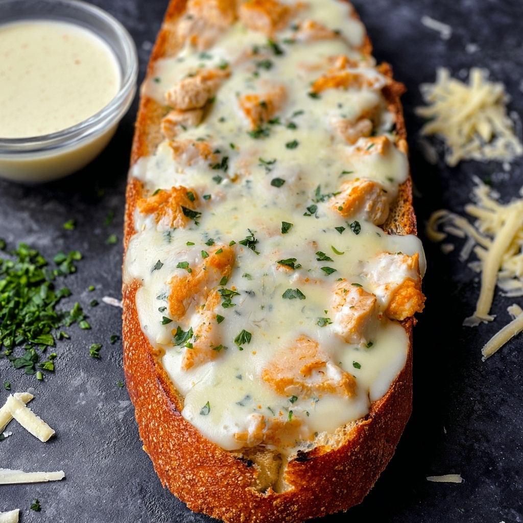 Creamy Chicken Alfredo Garlic Bread Recipe - Recipe Image