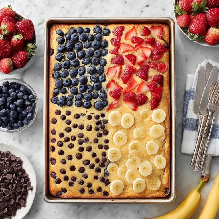 Sheet Pan Pancakes with Fresh Strawberries, Blueberries, Bananas, and Chocolate Chips Recipe
