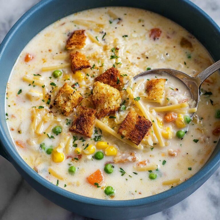Creamy Chicken Noodle Soup with Mini Croutons Recipe