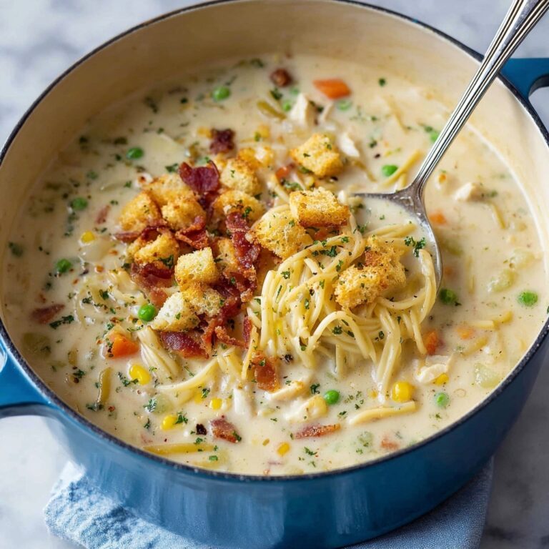 Creamy Chicken Noodle Soup with Mini Croutons Recipe