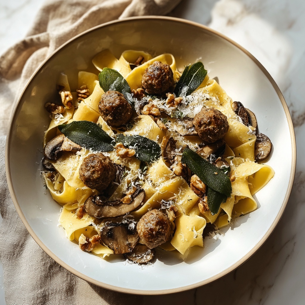 Winter Pasta with Mushrooms, Sausage Meatballs, Walnuts & Crispy Sage Recipe - Recipe Image
