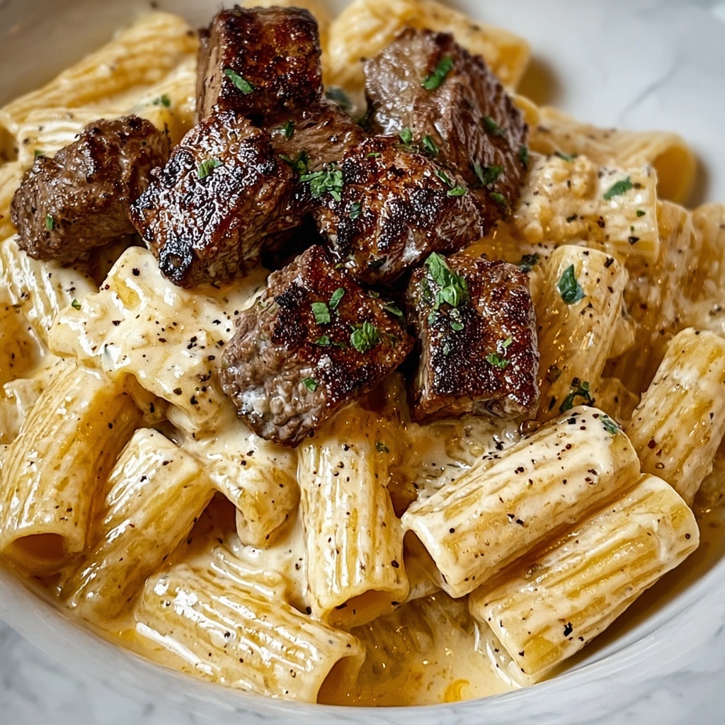Cajun Steak Tips in Cheesy Rigatoni Parmesan Sauce Recipe - Recipe Image