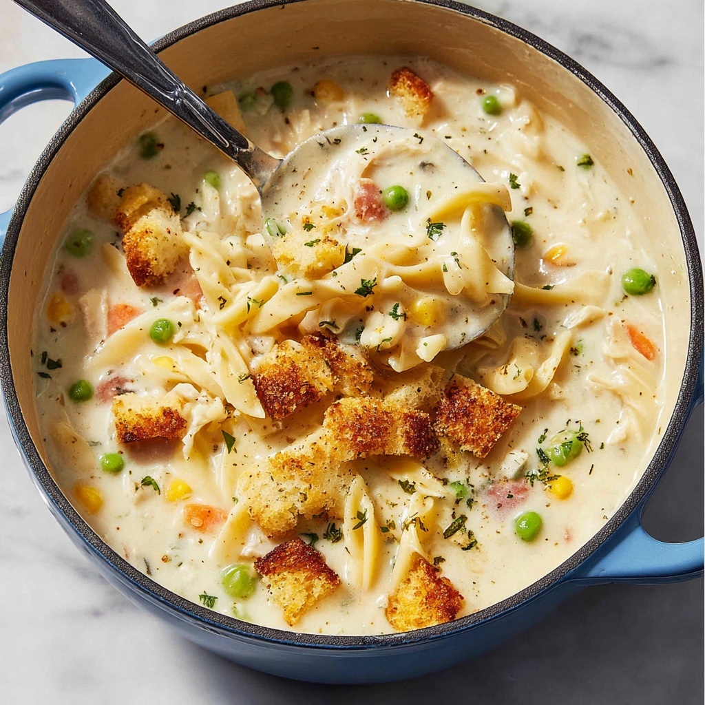 Creamy Chicken Noodle Soup with Mini Croutons Recipe - Recipe Image