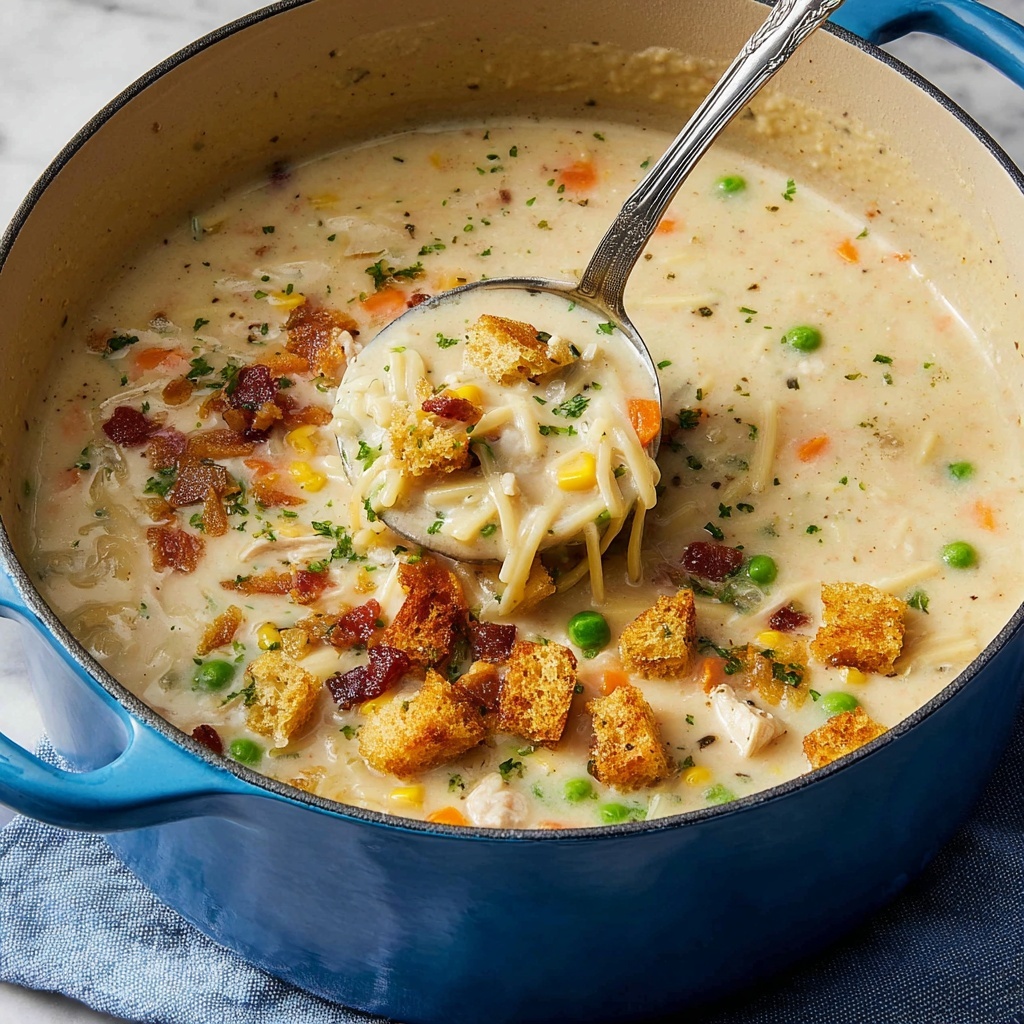 Creamy Chicken Noodle Soup with Mini Croutons Recipe - Recipe Image