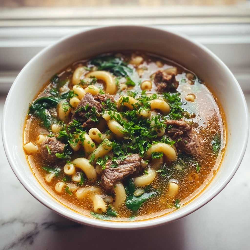 Hearty Beef Macaroni Soup with White Beans & Spinach Recipe - Recipe Image