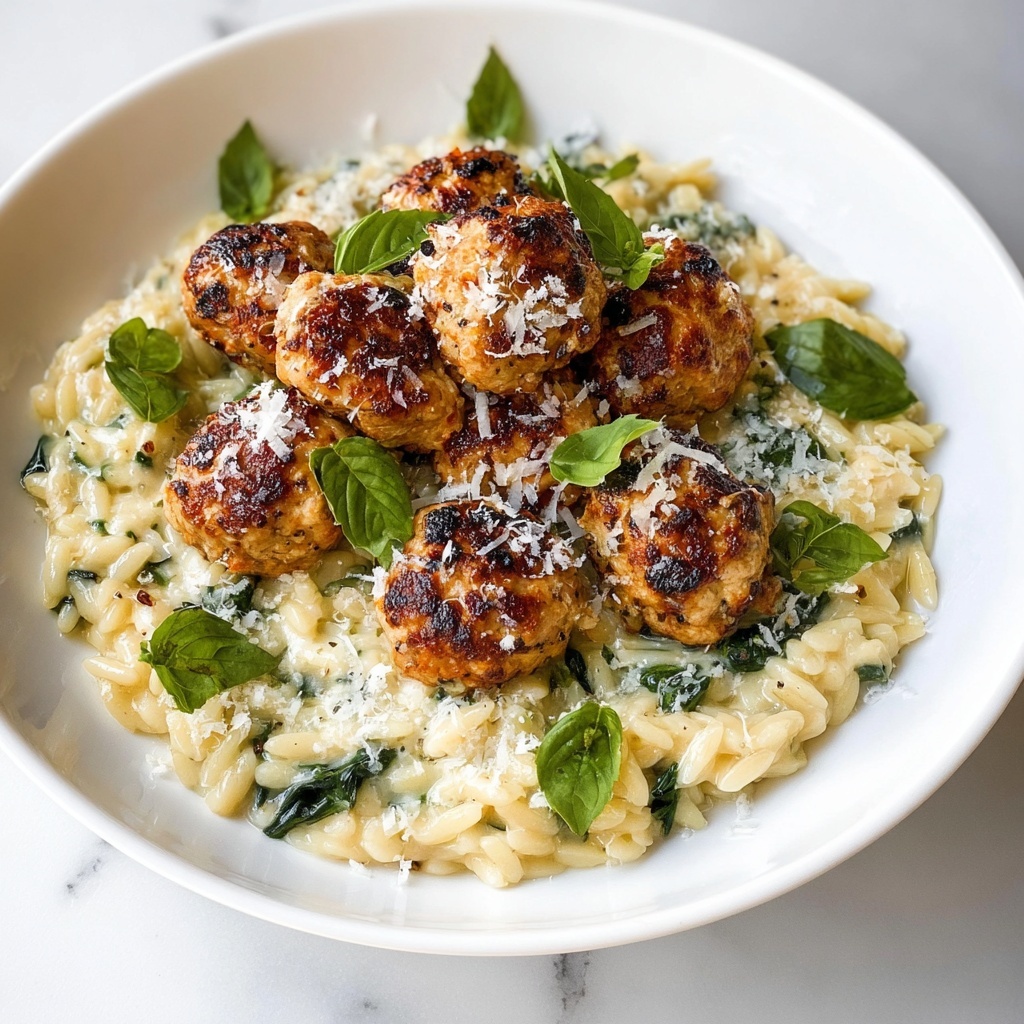 Baked Chicken Ricotta Meatballs with Creamy Spinach Orzo Recipe - Recipe Image