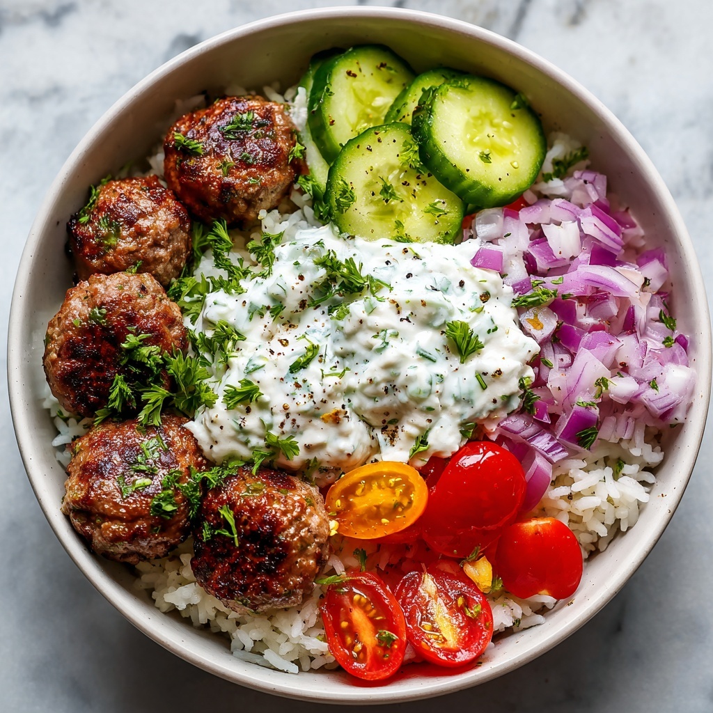 Greek Meatball Bowl with Tzatziki, Rice & Fresh Veggies Recipe - Recipe Image