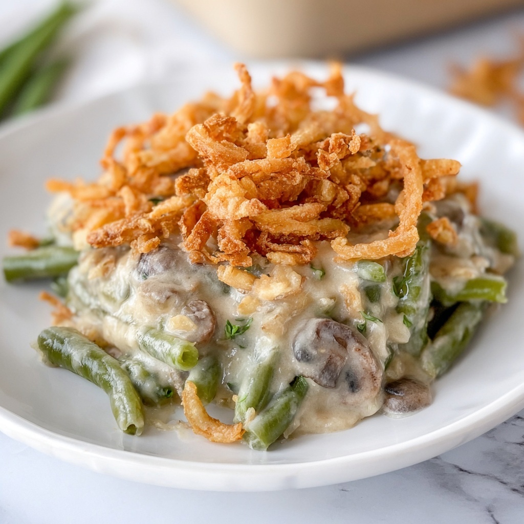 Creamy Green Bean Casserole with Mushrooms and Crispy Onions Recipe - Recipe Image