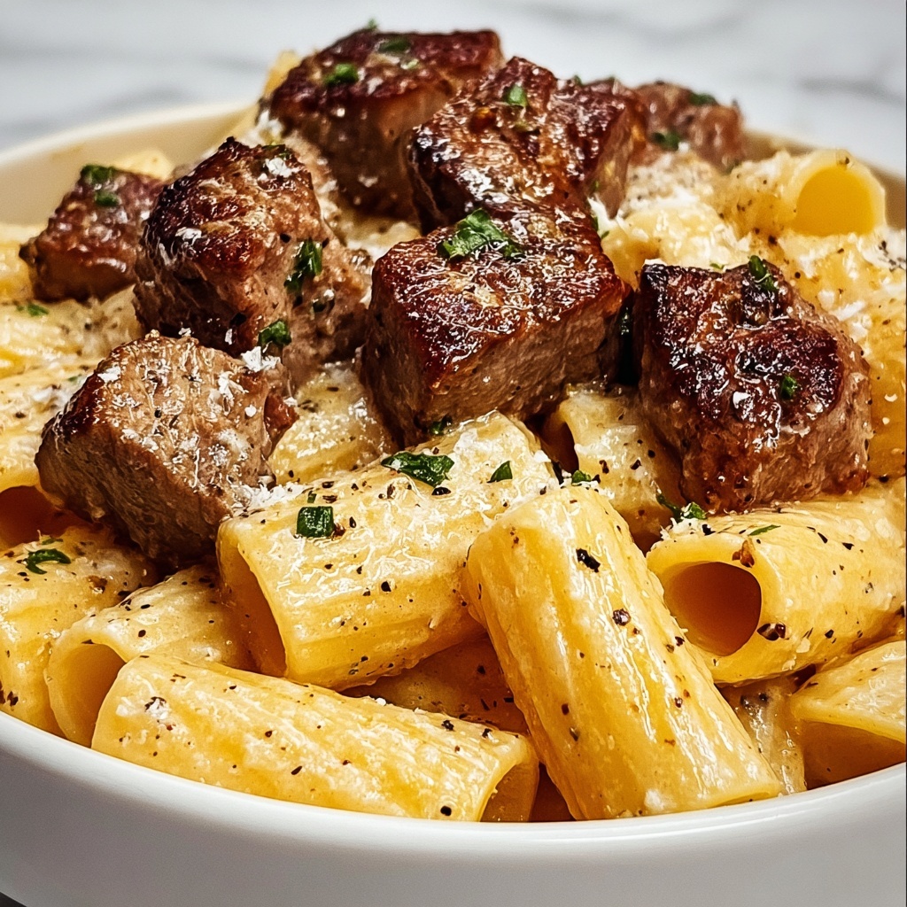 Cajun Steak Tips in Cheesy Rigatoni Parmesan Sauce Recipe - Recipe Image