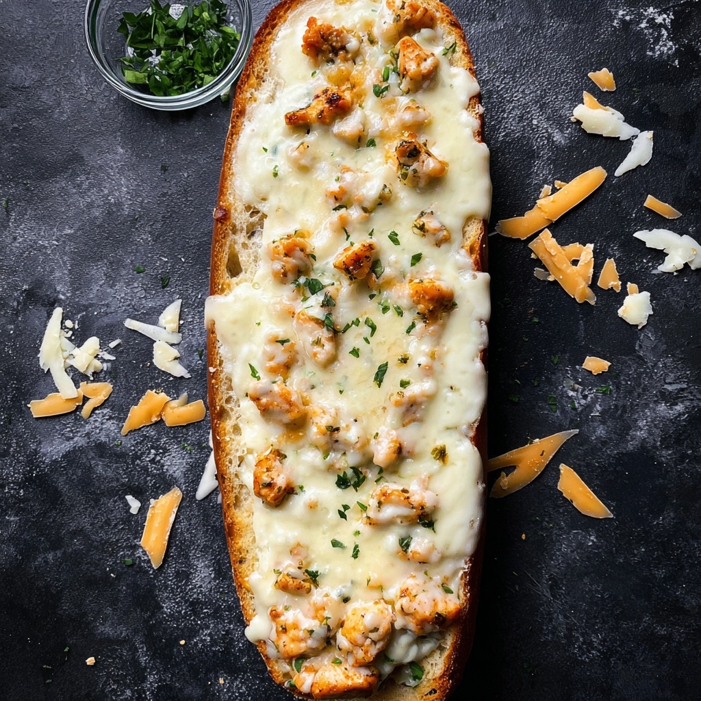 Creamy Chicken Alfredo Garlic Bread Recipe - Recipe Image
