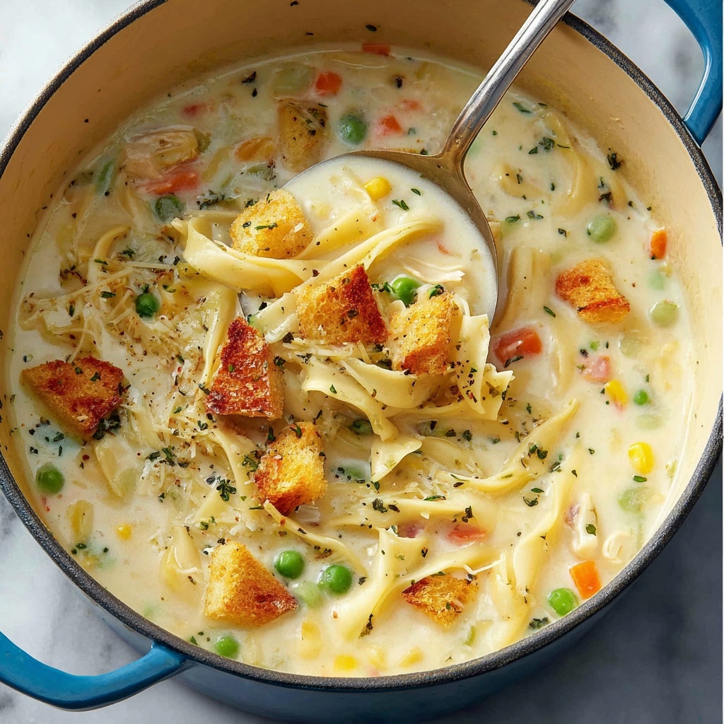 Creamy Chicken Noodle Soup with Mini Croutons Recipe - Recipe Image