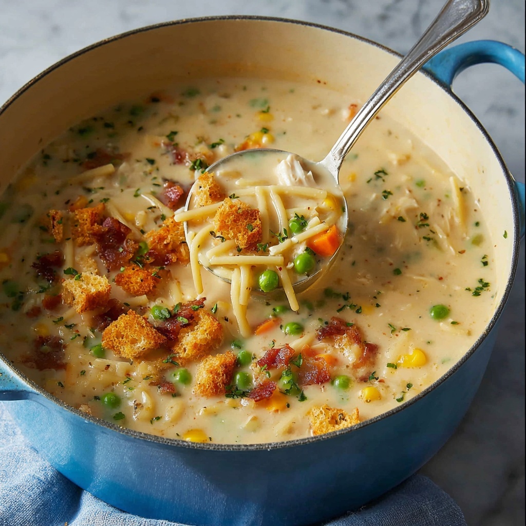Creamy Chicken Noodle Soup with Mini Croutons Recipe - Recipe Image